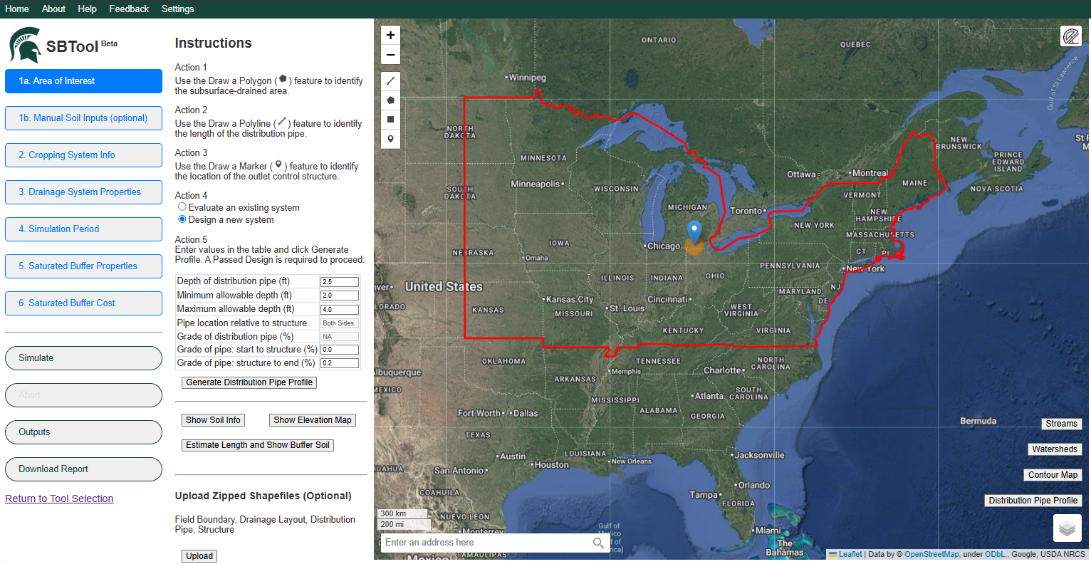 Screenshot of the SBTool interface showing instructions for defining a subsurface drainage system alongside a map of the eastern United States. A large red outline highlights the study area across multiple states, with a marker near the Great Lakes region indicating a selected location.
